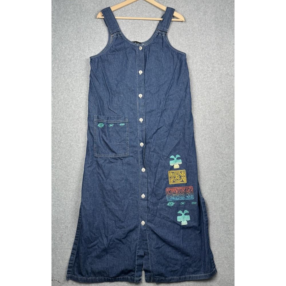 Vintage Fenini Denim Maxi Dress Womens Medium Denim Embroidered‎ Button Up Artsy